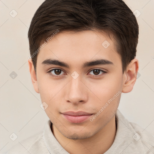 Neutral white young-adult male with short  brown hair and brown eyes