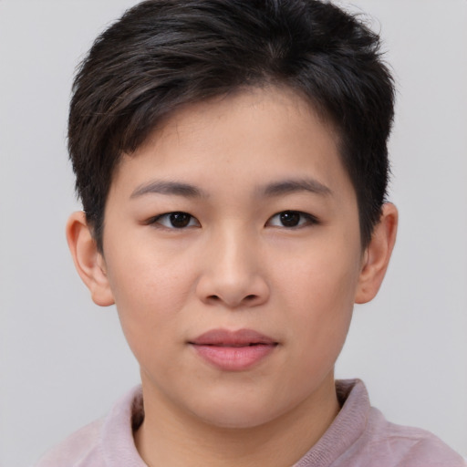 Neutral asian young-adult female with short  brown hair and brown eyes