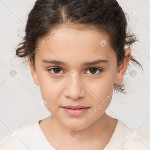 Joyful white child female with medium  brown hair and brown eyes