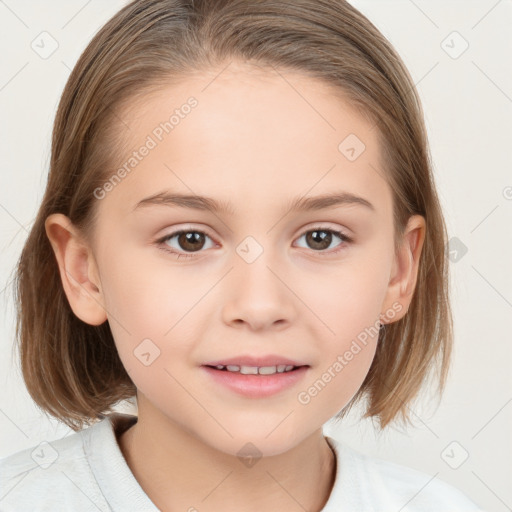 Joyful white child female with medium  brown hair and brown eyes