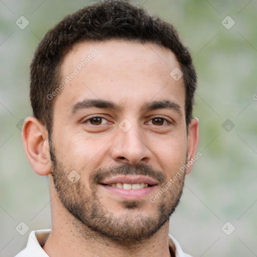 Neutral white young-adult male with short  brown hair and brown eyes