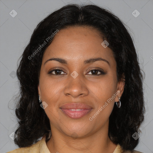 Joyful black young-adult female with medium  brown hair and brown eyes