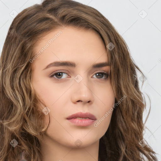 Neutral white young-adult female with long  brown hair and brown eyes