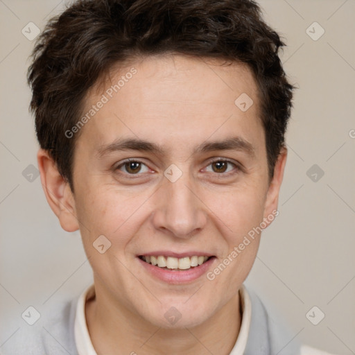 Joyful white adult male with short  brown hair and brown eyes