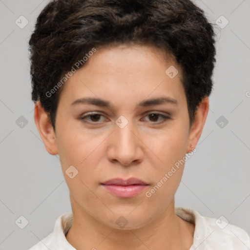 Neutral white young-adult female with short  brown hair and brown eyes