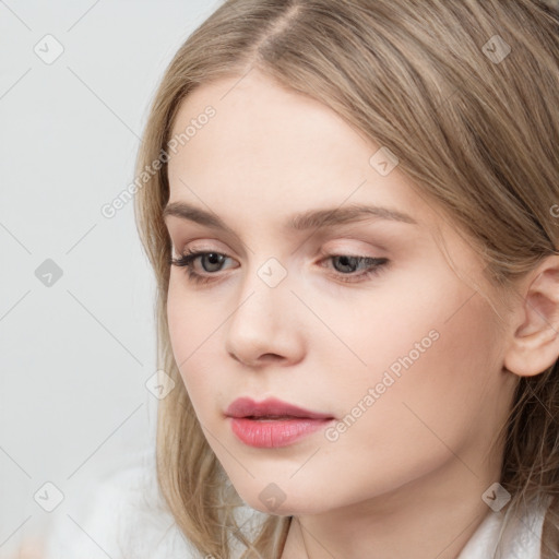 Neutral white young-adult female with long  brown hair and grey eyes