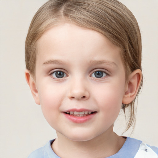 Joyful white child female with medium  brown hair and grey eyes