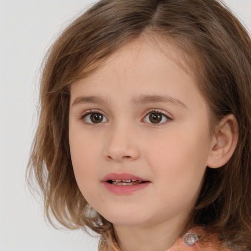 Joyful white child female with medium  brown hair and brown eyes