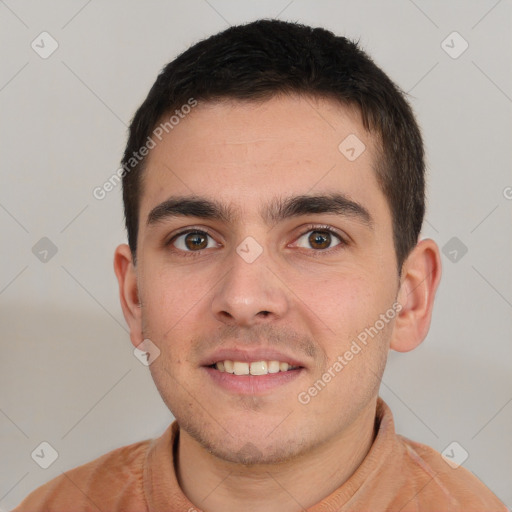 Neutral white young-adult male with short  brown hair and brown eyes