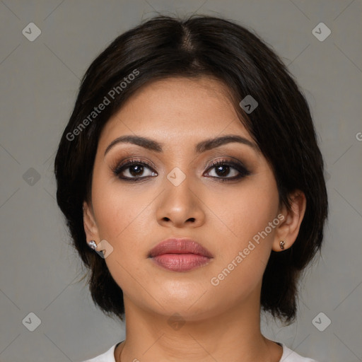 Neutral asian young-adult female with medium  brown hair and brown eyes