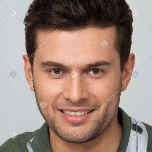 Joyful white young-adult male with short  brown hair and brown eyes