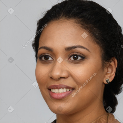 Joyful latino young-adult female with long  brown hair and brown eyes