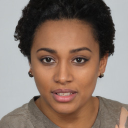 Neutral black young-adult female with short  black hair and brown eyes