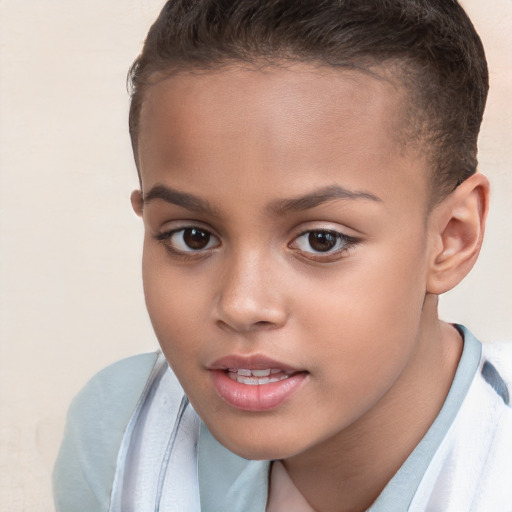 Joyful white child female with short  brown hair and brown eyes