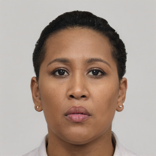 Neutral latino young-adult female with short  brown hair and brown eyes