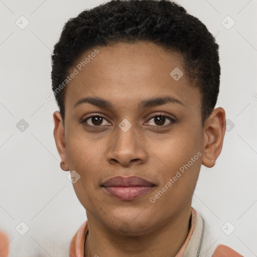 Joyful latino young-adult female with short  brown hair and brown eyes