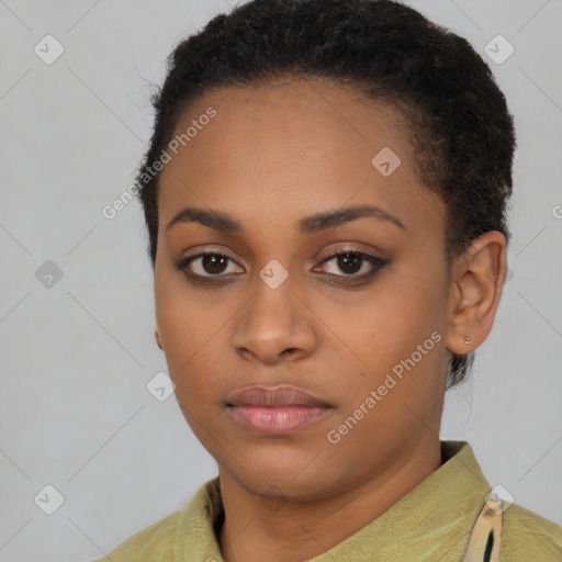 Neutral black young-adult female with short  black hair and brown eyes