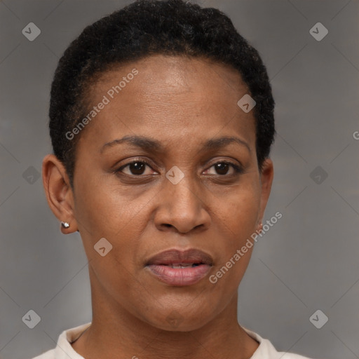 Joyful black adult female with short  brown hair and brown eyes