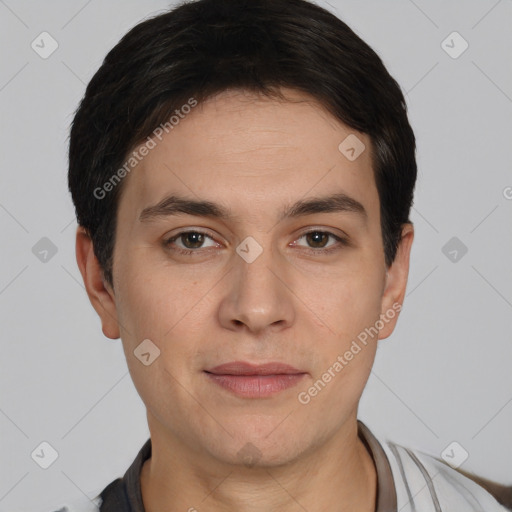 Joyful white young-adult male with short  brown hair and brown eyes