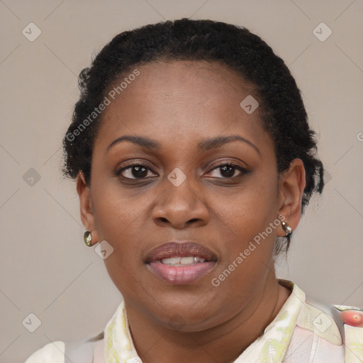 Joyful black adult female with short  brown hair and brown eyes