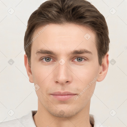 Neutral white young-adult male with short  brown hair and grey eyes