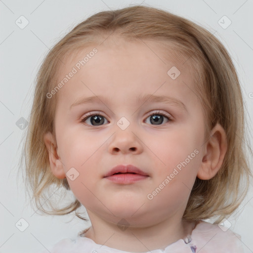 Neutral white child female with medium  brown hair and blue eyes