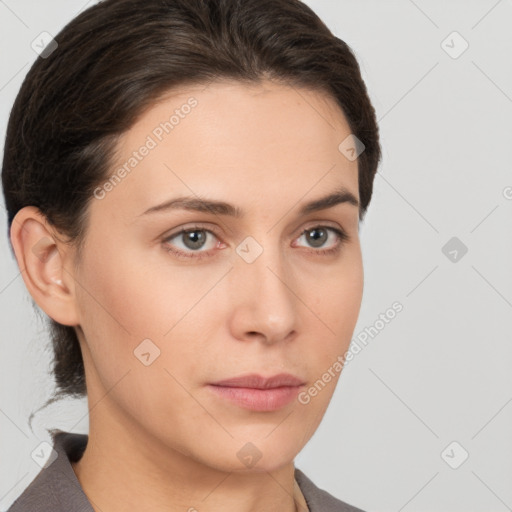 Neutral white young-adult female with short  brown hair and brown eyes