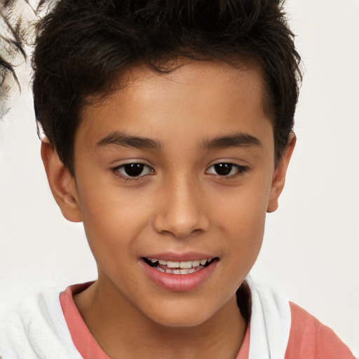 Joyful white child female with short  brown hair and brown eyes