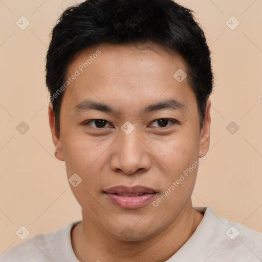 Joyful asian young-adult male with short  black hair and brown eyes