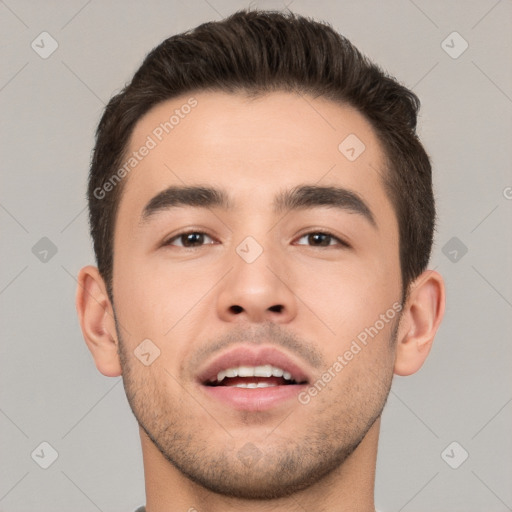 Joyful white young-adult male with short  brown hair and brown eyes