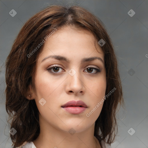 Neutral white young-adult female with medium  brown hair and brown eyes