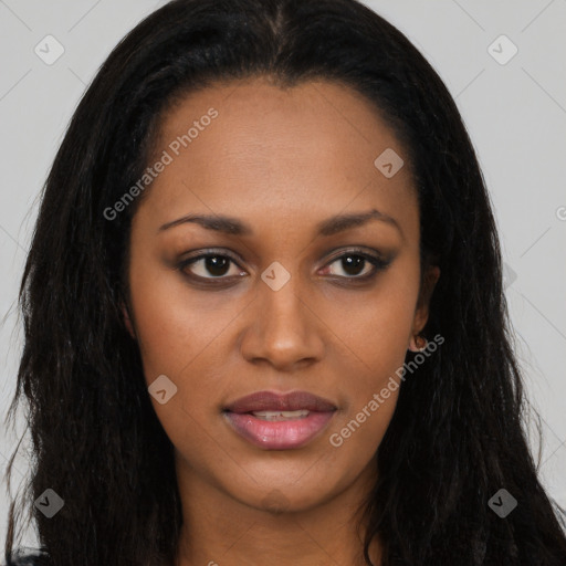 Joyful asian young-adult female with long  brown hair and brown eyes