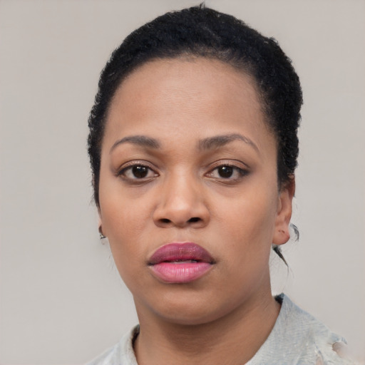Neutral latino young-adult female with short  black hair and brown eyes