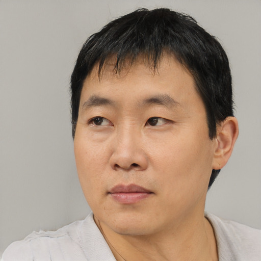 Neutral asian young-adult male with short  black hair and brown eyes
