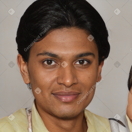 Joyful latino young-adult male with short  brown hair and brown eyes