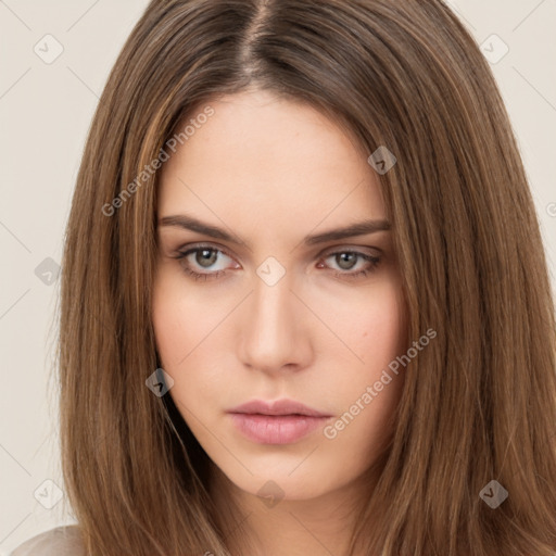 Neutral white young-adult female with long  brown hair and brown eyes