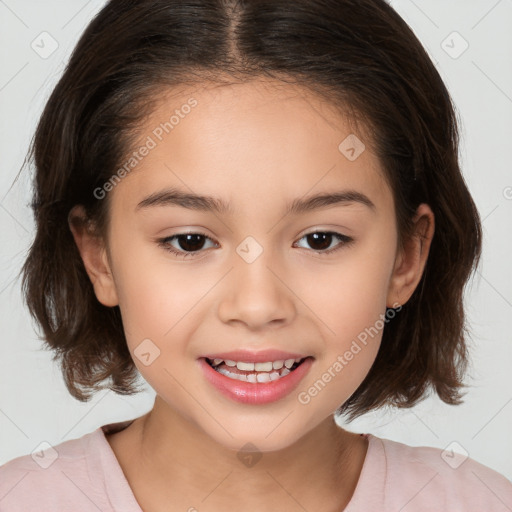 Joyful white child female with medium  brown hair and brown eyes