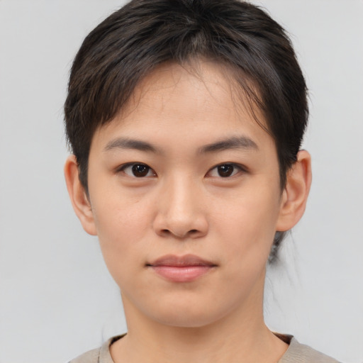 Neutral asian young-adult female with short  brown hair and brown eyes