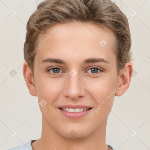 Joyful white young-adult female with short  brown hair and grey eyes