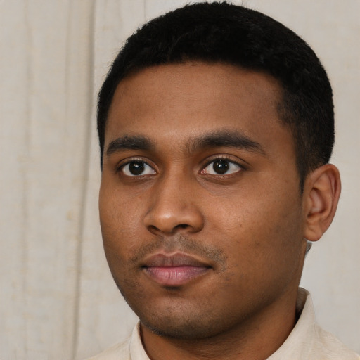 Neutral black young-adult male with short  black hair and brown eyes
