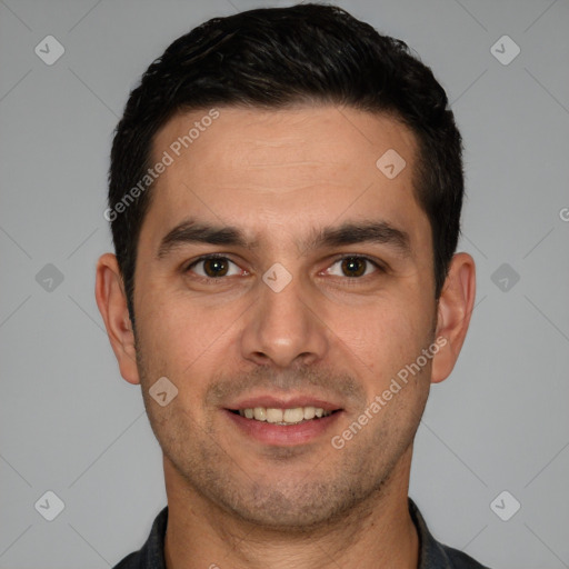 Joyful white young-adult male with short  brown hair and brown eyes