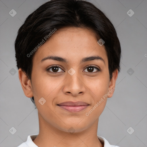 Joyful white young-adult female with short  brown hair and brown eyes