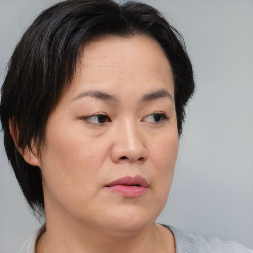 Neutral asian young-adult female with medium  brown hair and brown eyes