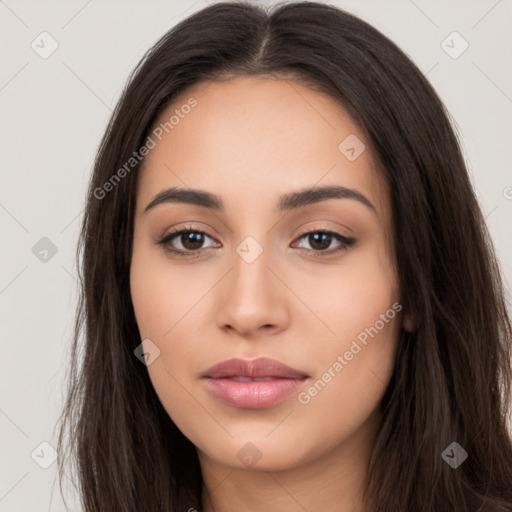 Neutral white young-adult female with long  brown hair and brown eyes