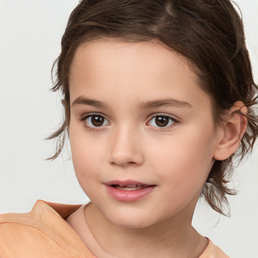 Joyful white child female with medium  brown hair and brown eyes