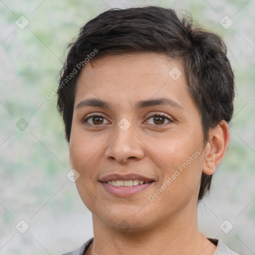 Joyful white young-adult female with short  brown hair and brown eyes