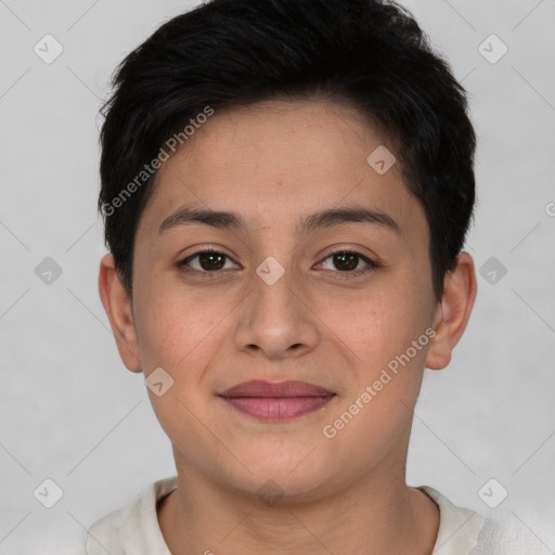 Joyful white young-adult female with short  brown hair and brown eyes