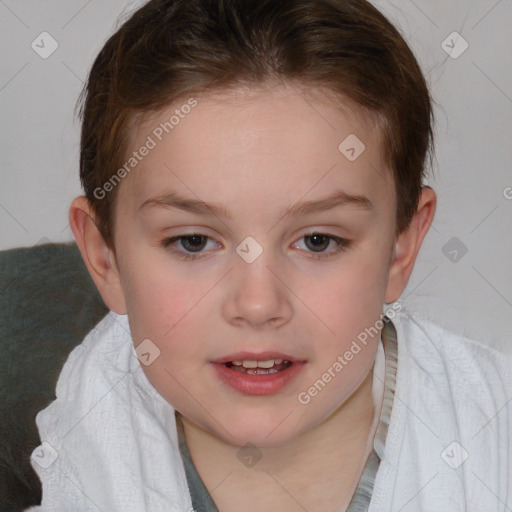 Joyful white child female with medium  brown hair and brown eyes