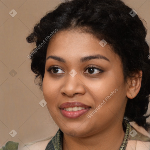 Joyful latino young-adult female with medium  black hair and brown eyes