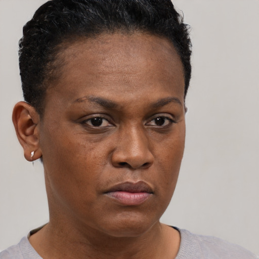 Neutral black young-adult female with short  brown hair and brown eyes